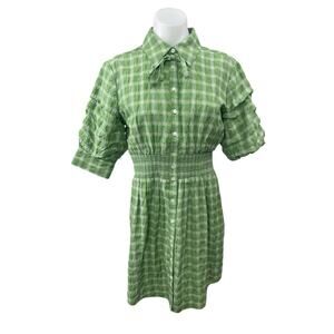 NEW Cinq a Sept Green Plaid Check Short Sleeve Button Down Mini Shirt Dress Sz 4